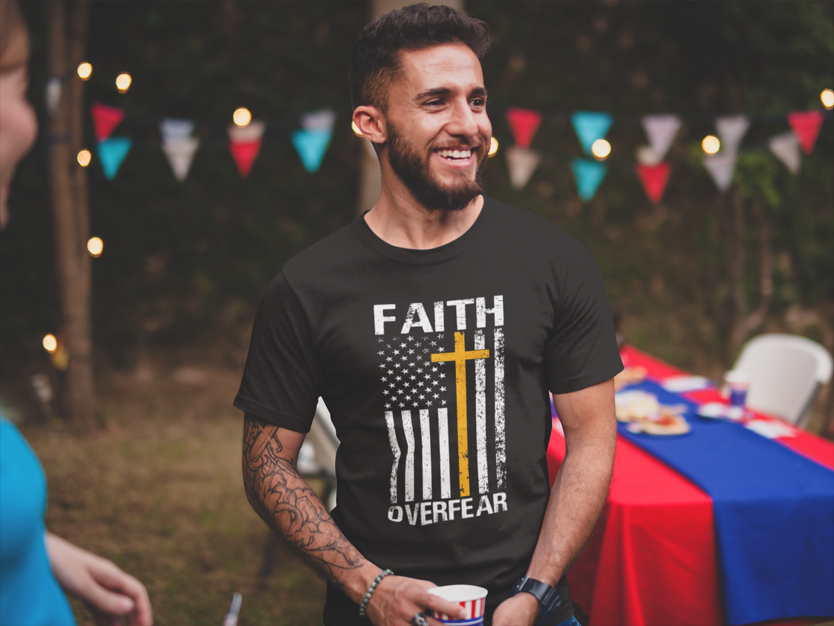 Faith Over Fear — Flag & Cross Christian Tee