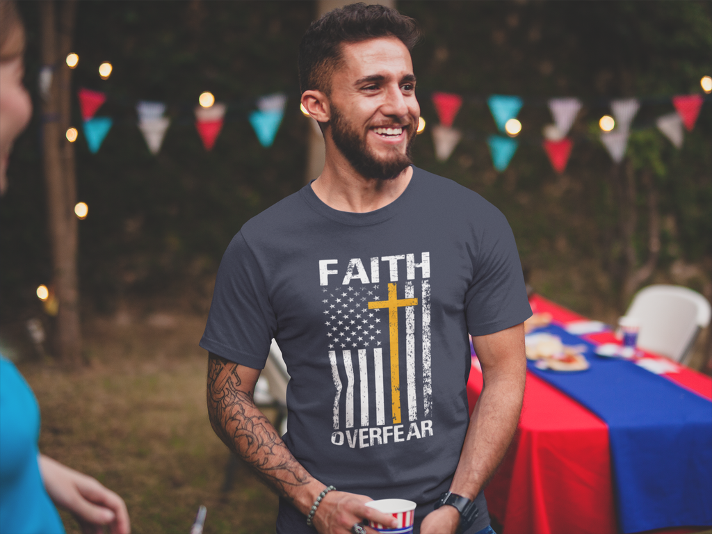 Faith Over Fear — Flag & Cross Christian Tee
