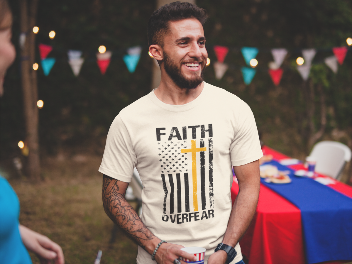 Faith Over Fear — Flag & Cross Christian Tee