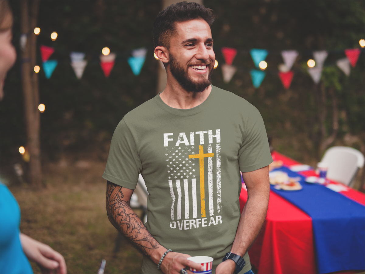 Faith Over Fear — Flag & Cross Christian Tee